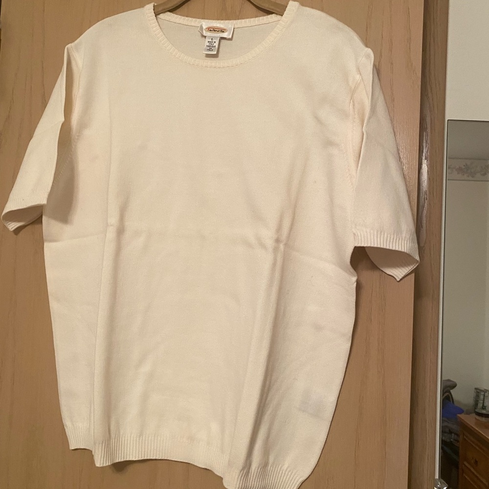 Talbots Large White Combed Cotton Short Sleeved Sweater